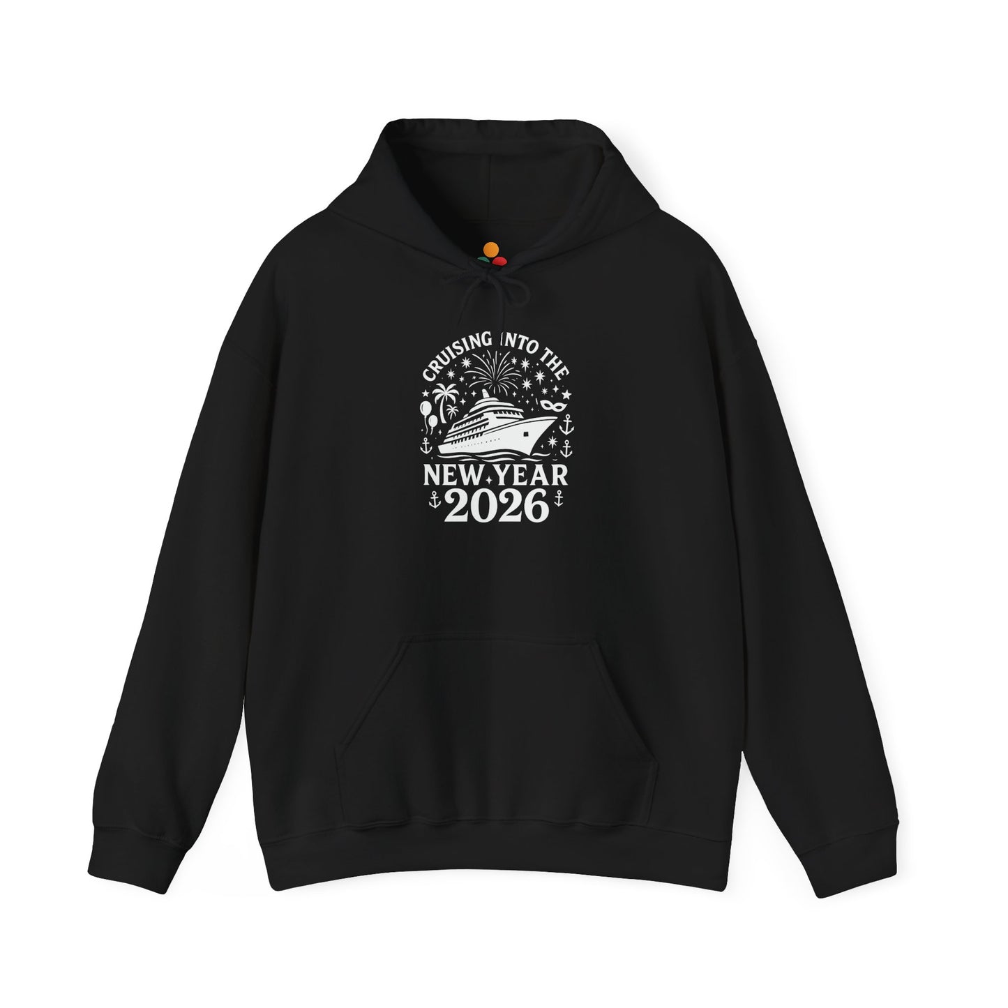 Black “Cruising Into The New Year 2026” hoodie with white cruise ship, fireworks, anchors, and palm trees, flat front view.