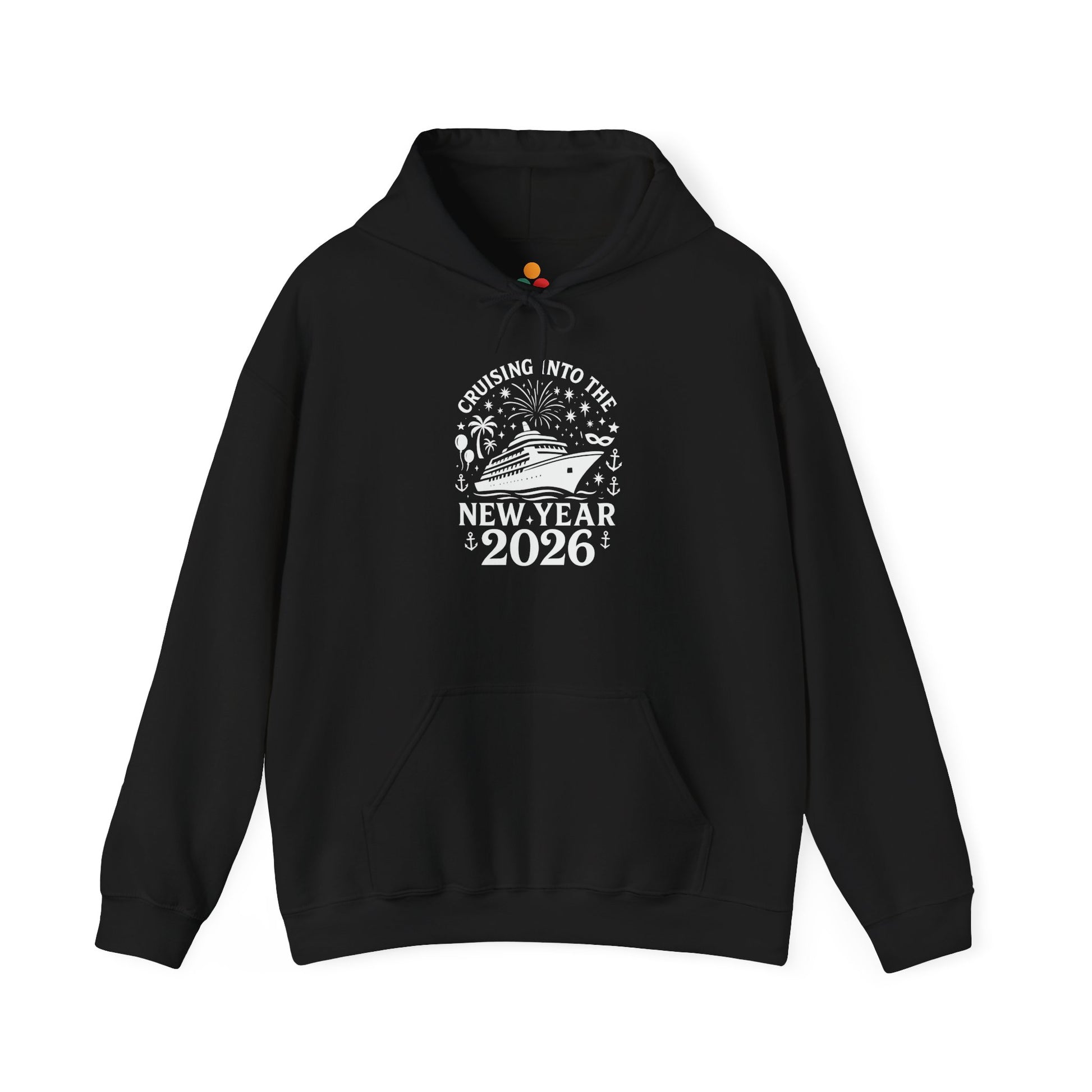 Black “Cruising Into The New Year 2026” hoodie with white cruise ship, fireworks, anchors, and palm trees, flat front view.
