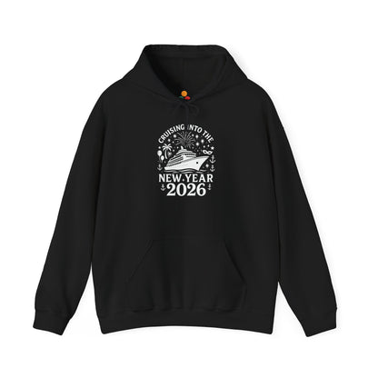 Black “Cruising Into The New Year 2026” hoodie with white cruise ship, fireworks, anchors, and palm trees, flat front view.
