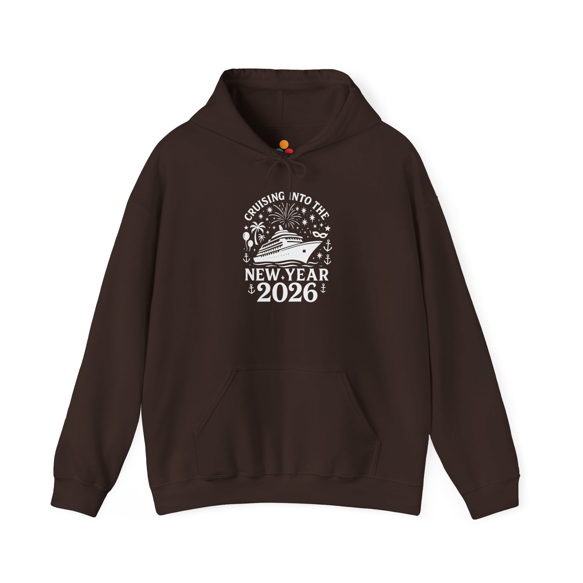 Brown New Year 2026 cruise hoodie featuring white cruise ship and fireworks graphic, flat product mockup.