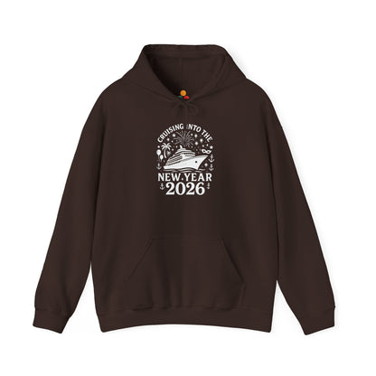 Brown New Year 2026 cruise hoodie featuring white cruise ship and fireworks graphic, flat product mockup.