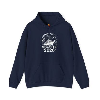  Navy cruise hoodie displaying “Cruising Into The New Year 2026” ship, fireworks, and anchors graphic, flat mockup.