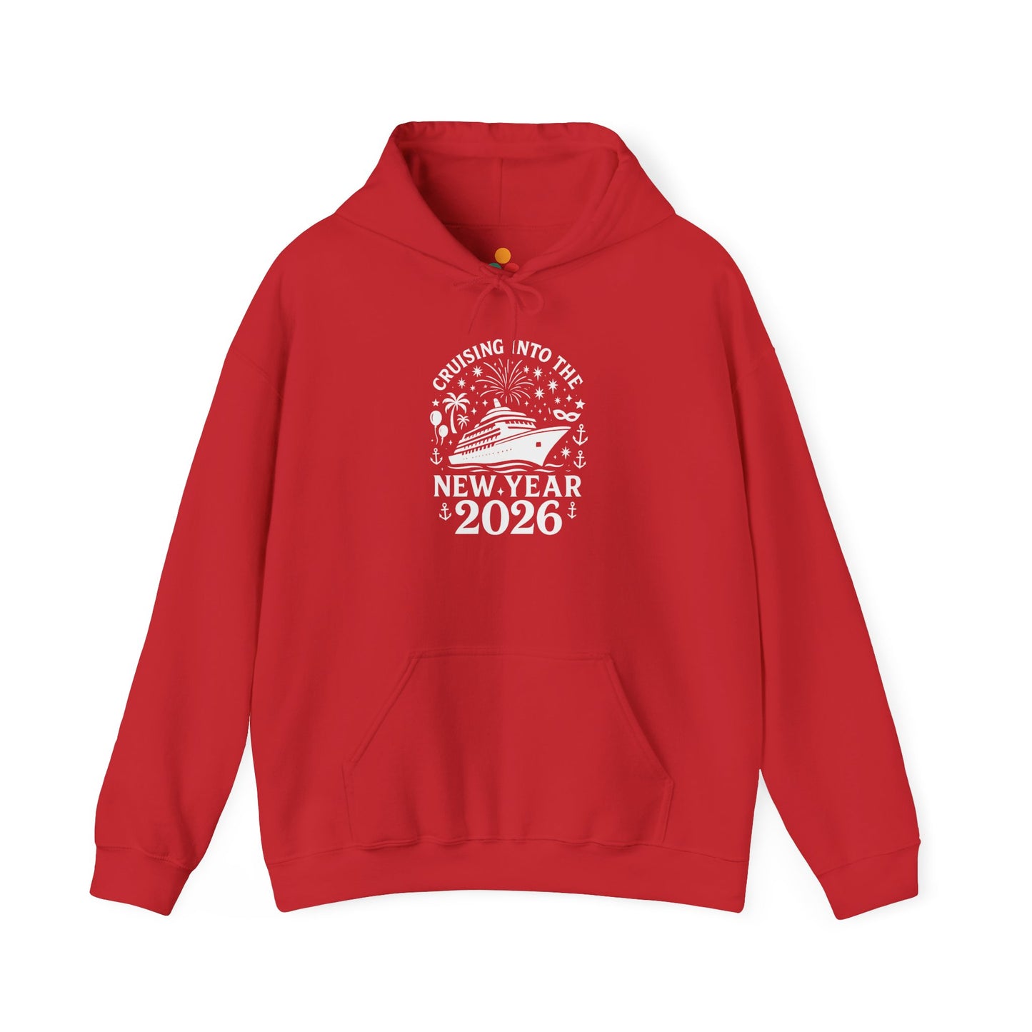 Red New Year 2026 cruise hoodie with white cruise ship and fireworks illustration, flat product image.