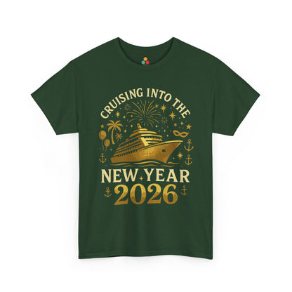 Green T-shirt featuring gold “Cruising Into The New Year 2026” cruise ship and fireworks artwork, flat front mockup.
