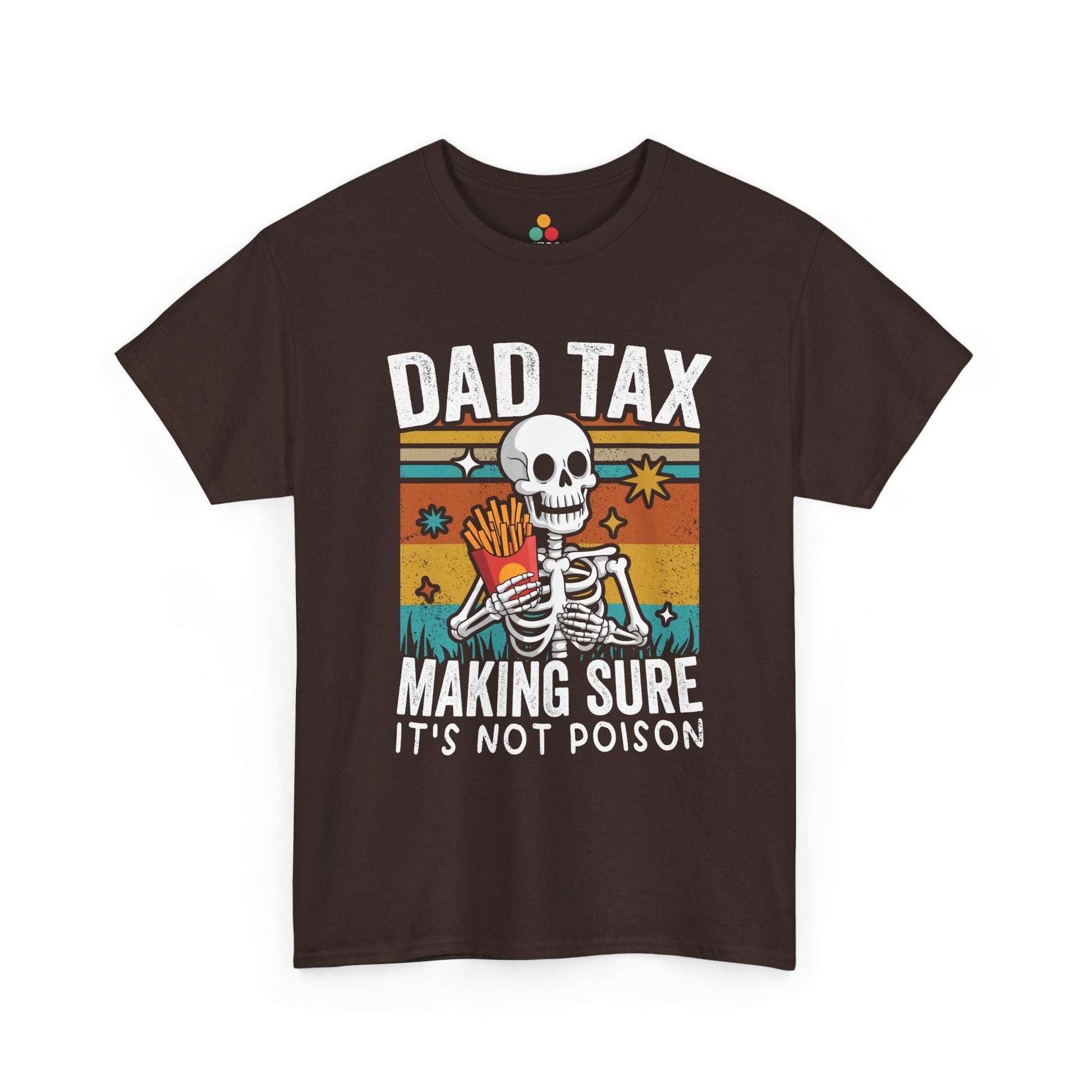  "Skeleton Dad Tax snack stealing shirt on dark brown retro tee, front view"​​

