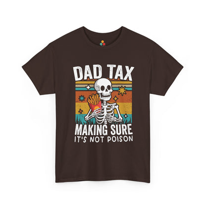  "Skeleton Dad Tax snack stealing shirt on dark brown retro tee, front view"​​

