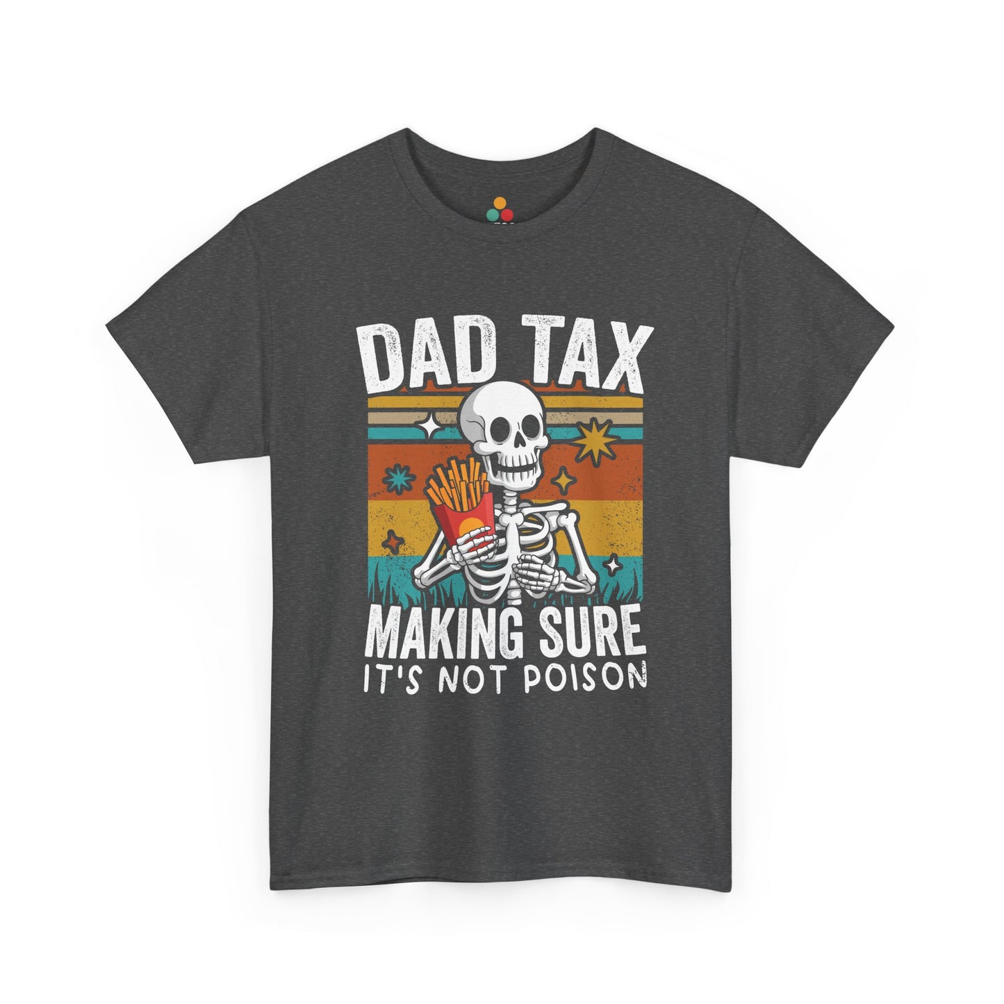 "Vintage Dad Tax skeleton fries graphic on dark heather gray shirt, front view"​​