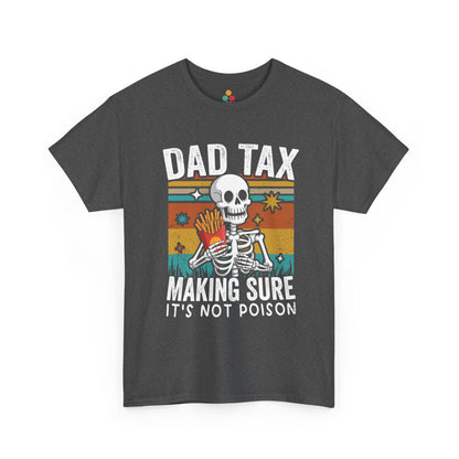 "Vintage Dad Tax skeleton fries graphic on dark heather gray shirt, front view"​​