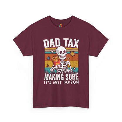 "Retro Dad Tax skeleton French fries snack shirt on maroon tee, front view"​​

