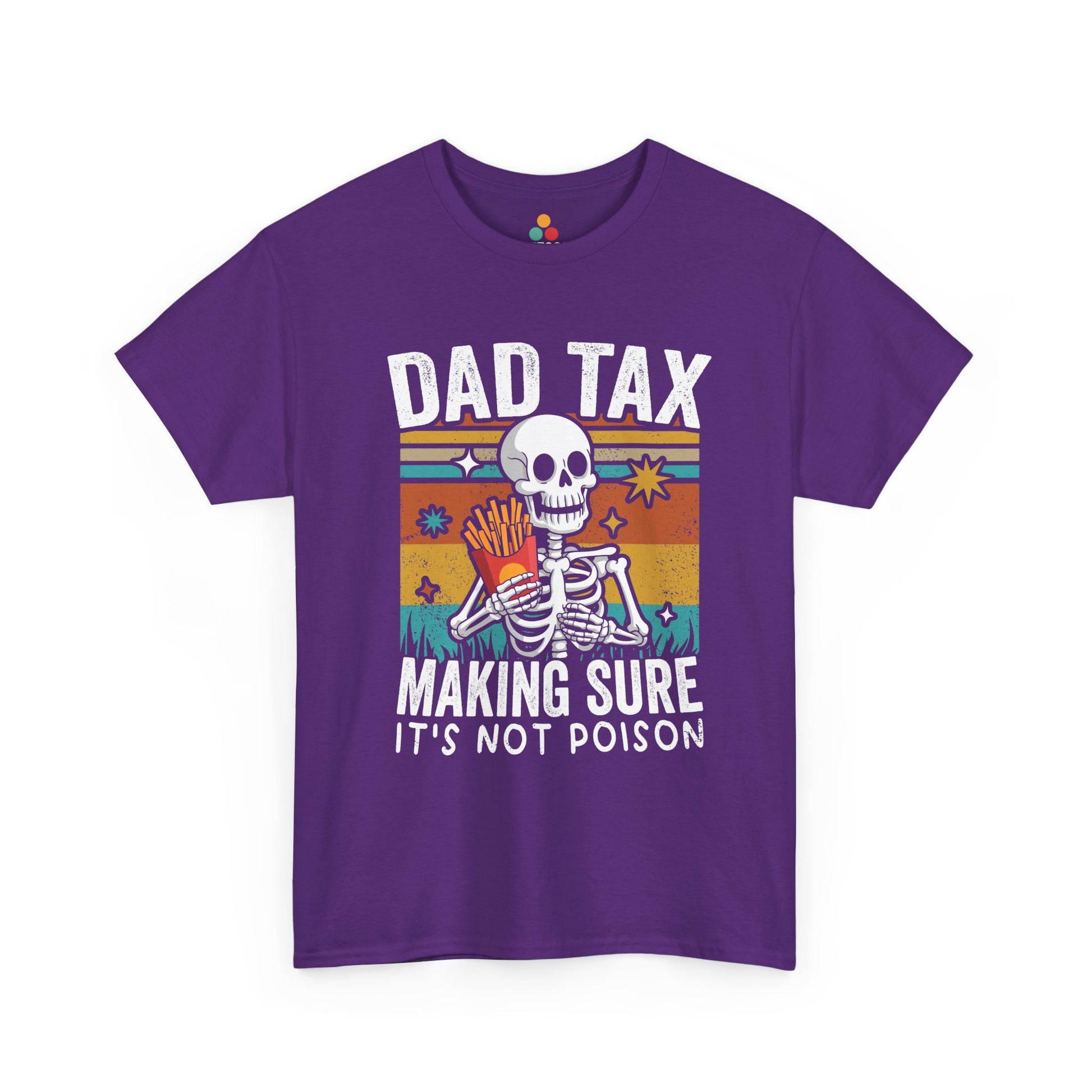 "Funny Dad Tax skeleton making sure it’s not poison on purple t-shirt, front view"​​
