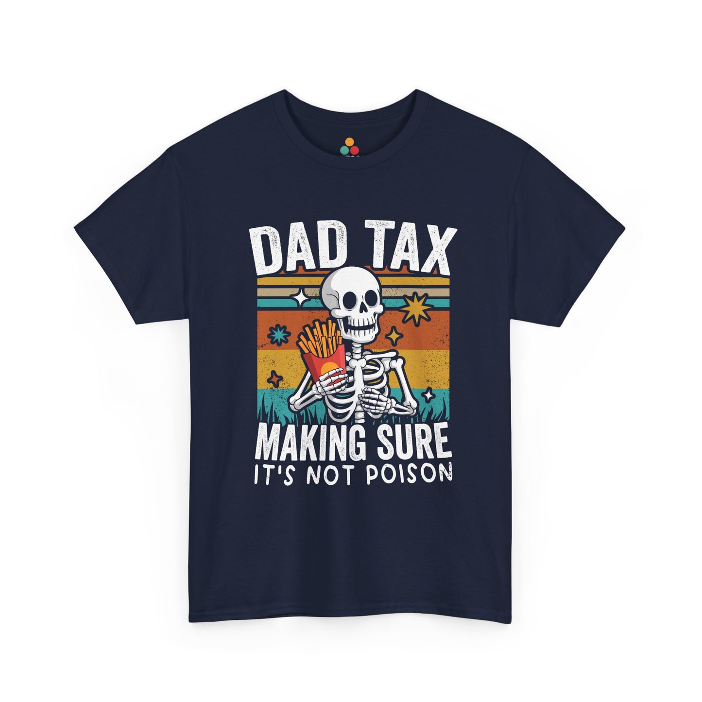 "Dad Tax skeleton retro sunset graphic on royal blue t-shirt, front view"​​
