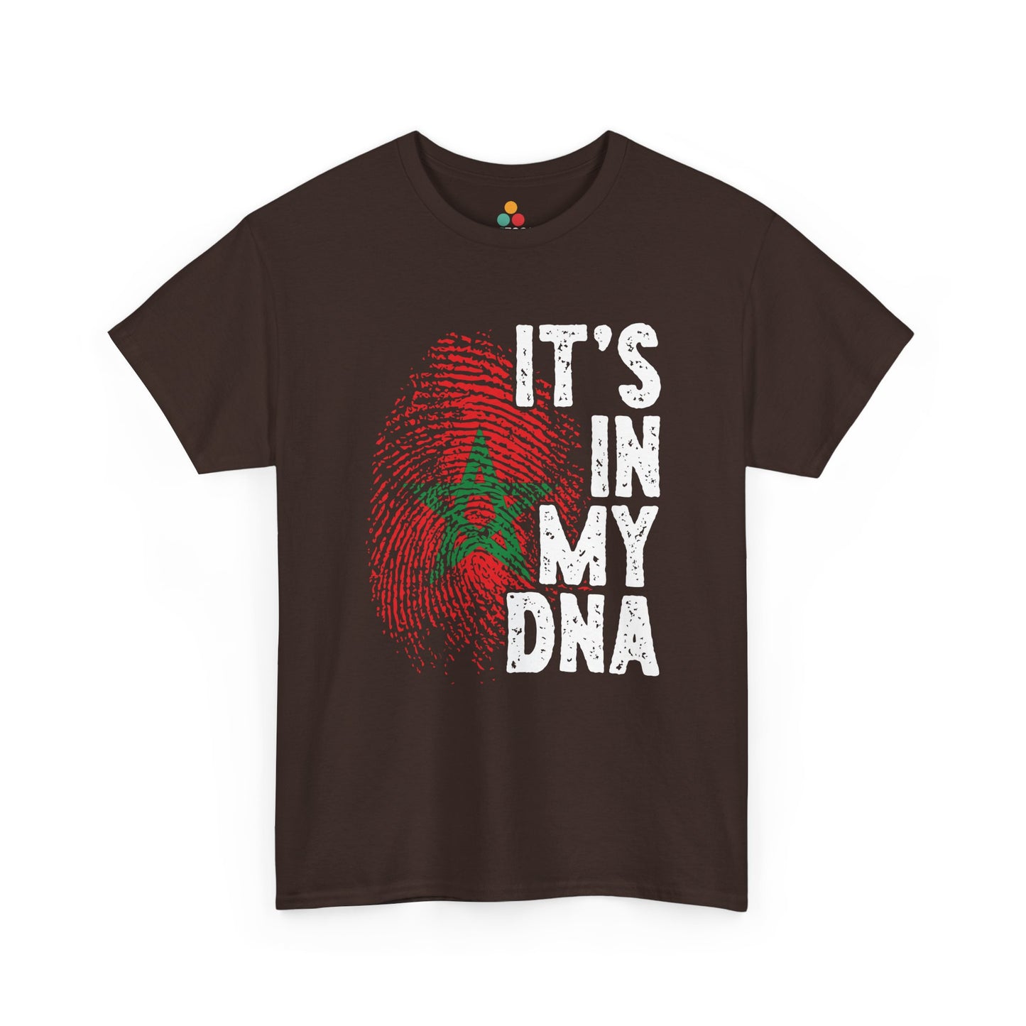 dark chocolate T-shirt featuring a red and green fingerprint in the design of the Moroccan flag with the star symbol, paired with the phrase "It's In My DNA," a Moroccan pride heritage shirt and cultural identity tee.


