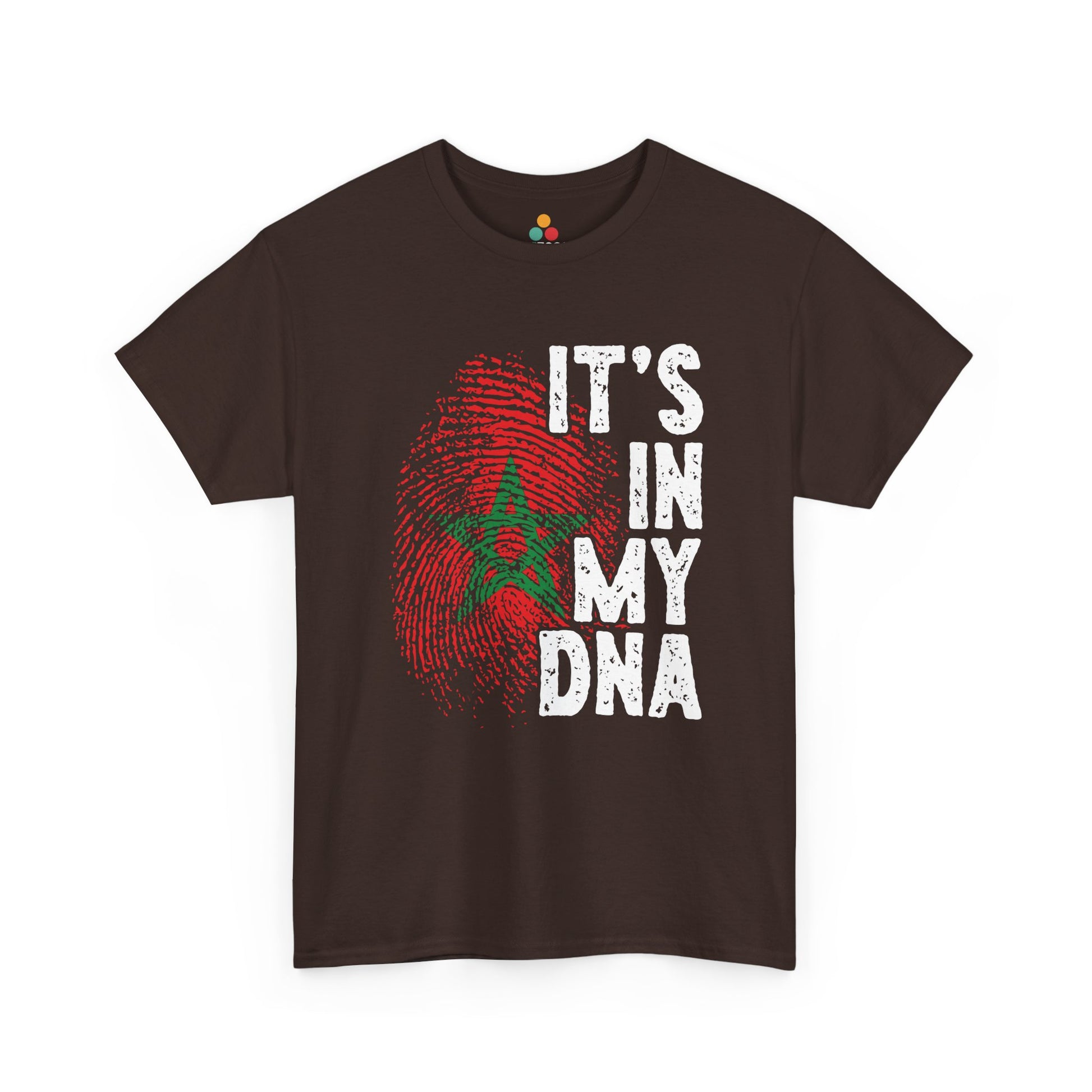 dark chocolate T-shirt featuring a red and green fingerprint in the design of the Moroccan flag with the star symbol, paired with the phrase "It's In My DNA," a Moroccan pride heritage shirt and cultural identity tee.


