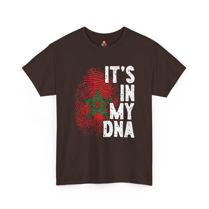 dark chocolate T-shirt featuring a red and green fingerprint in the design of the Moroccan flag with the star symbol, paired with the phrase "It's In My DNA," a Moroccan pride heritage shirt and cultural identity tee.



