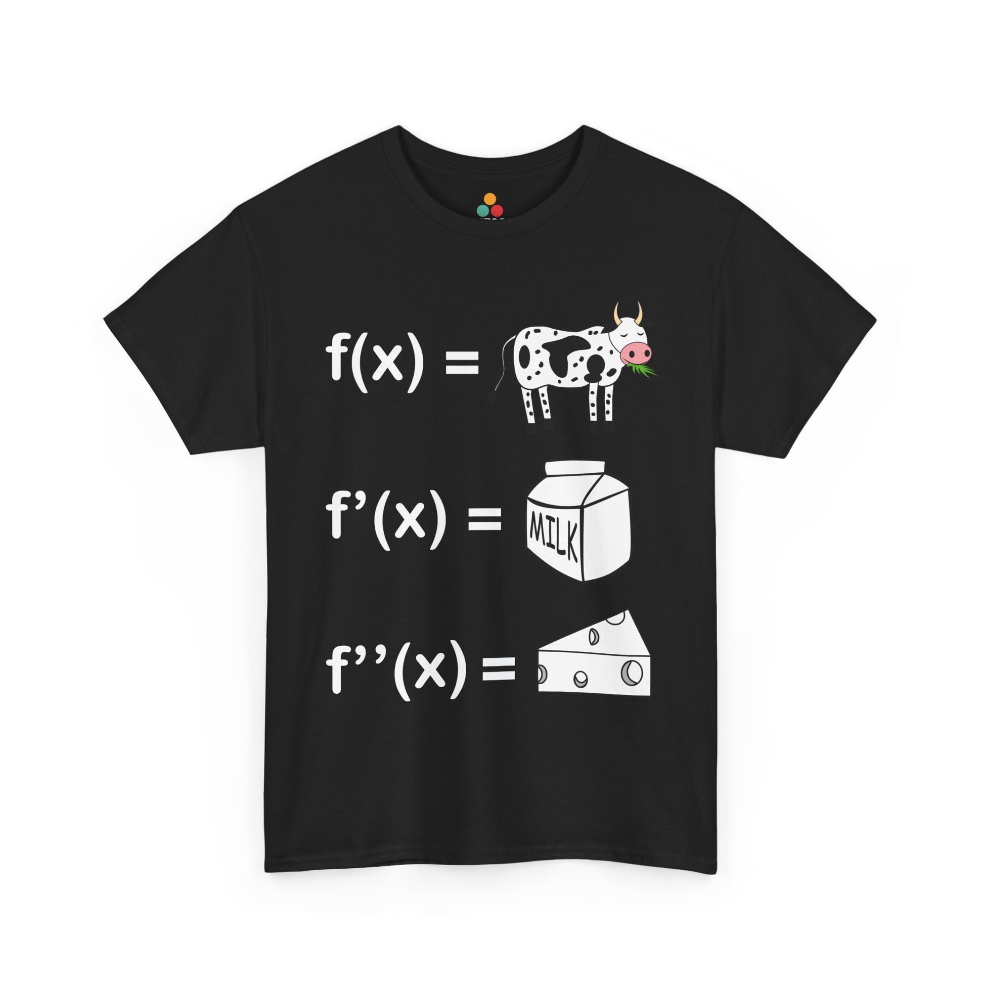 Black t-shirt with calculus derivative joke—cow for f(x), milk carton for f’(x), cheese wedge for f’’(x)—funny math and STEM shirt for teachers and students.
