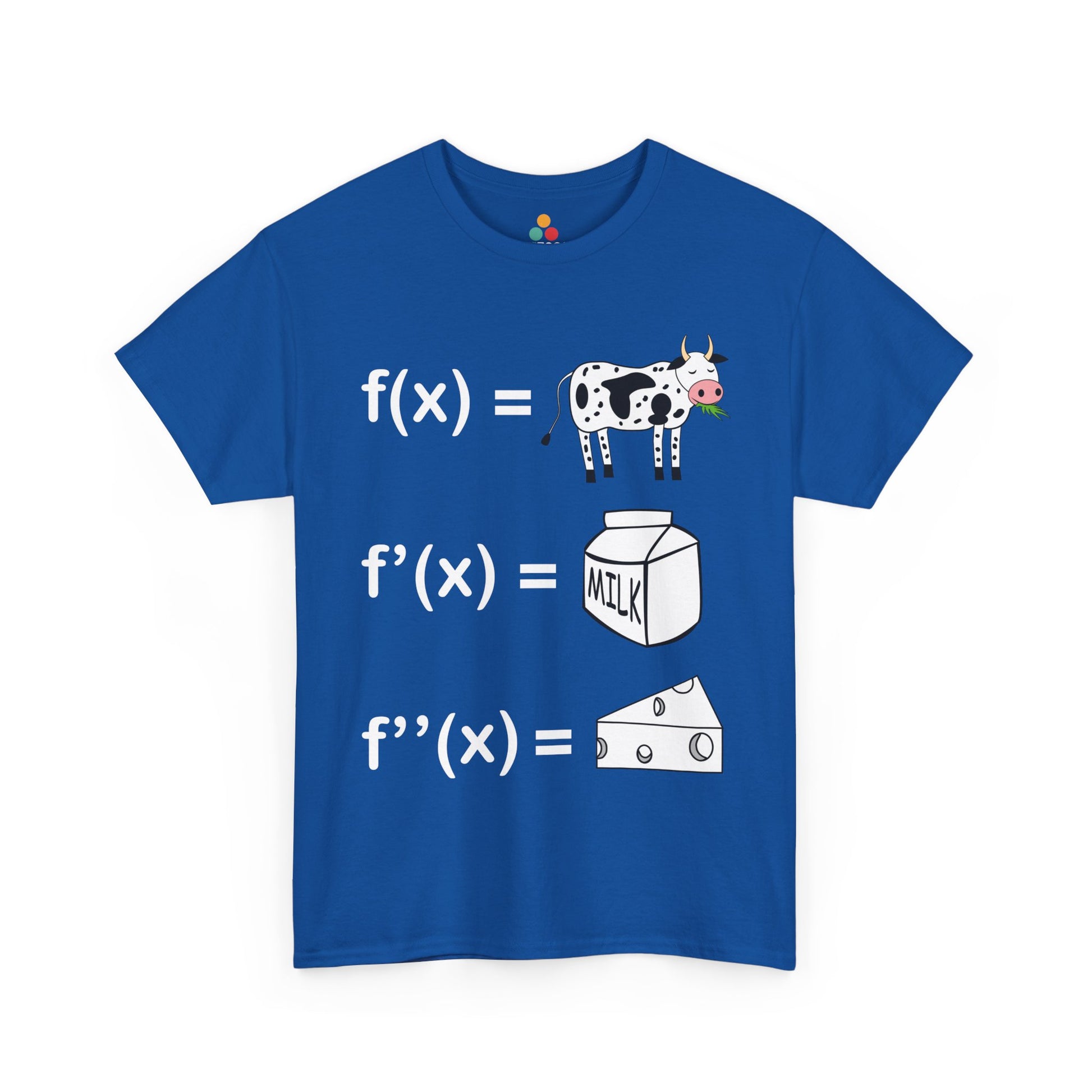 Royal blue t-shirt with playful calculus and dairy pun illustration, ideal gift for math geeks and professors who love humor.