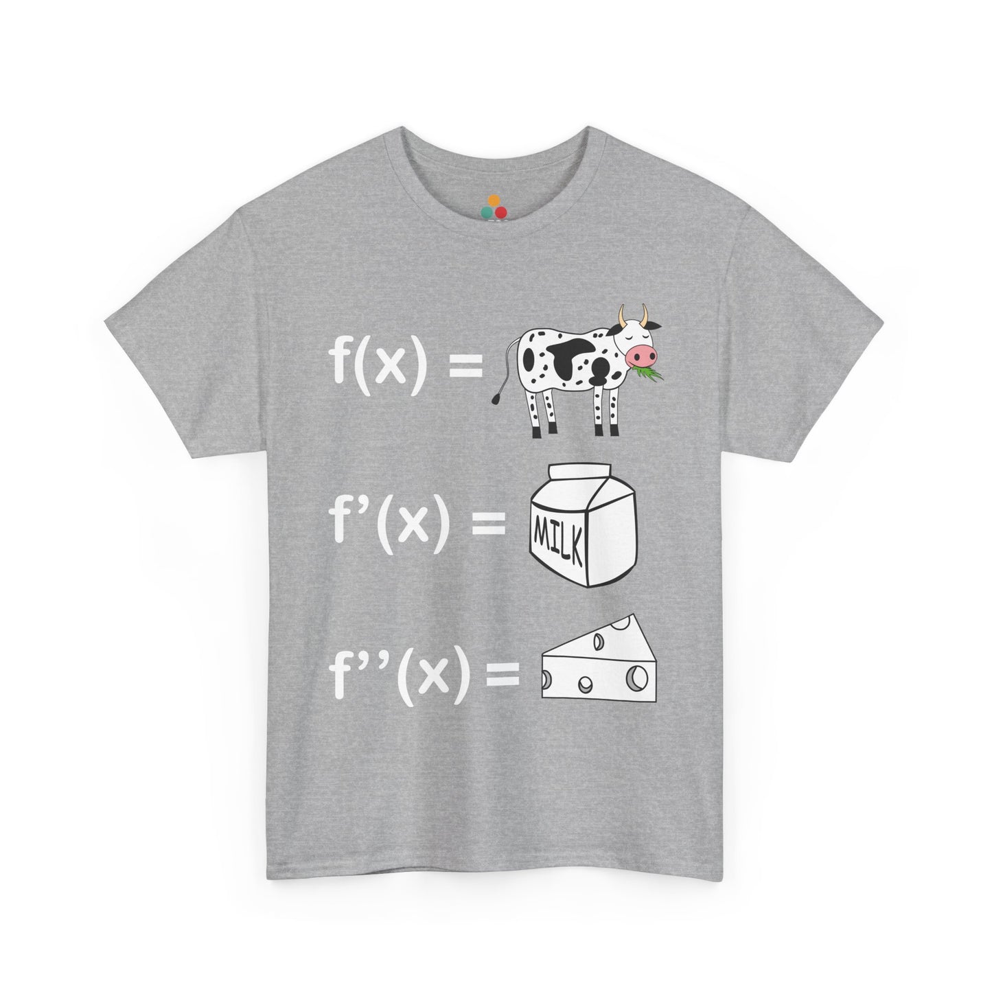Heather gray t-shirt, featuring the same calculus cow, milk, and cheese derivative joke, perfect for math lovers and math club swag.