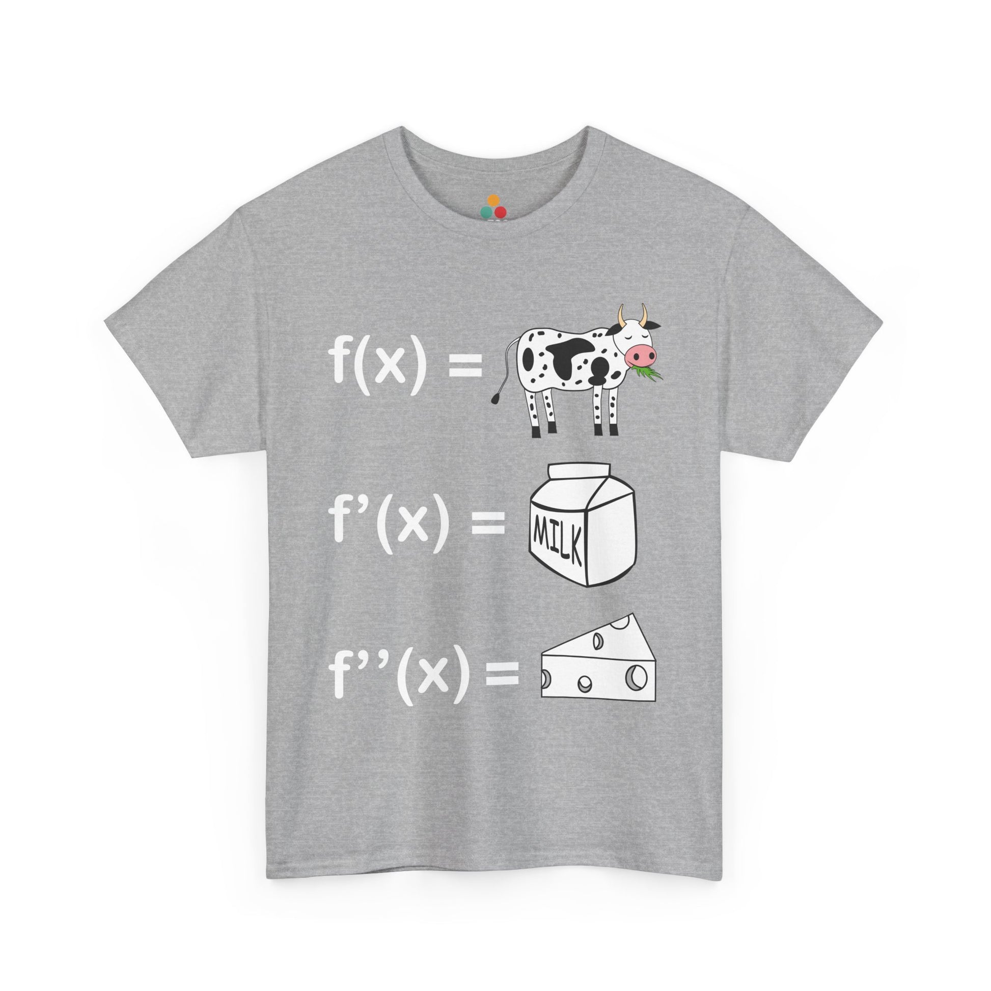 Heather gray t-shirt, featuring the same calculus cow, milk, and cheese derivative joke, perfect for math lovers and math club swag.