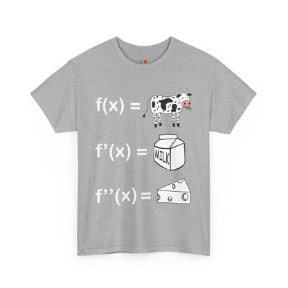 Heather gray t-shirt, featuring the same calculus cow, milk, and cheese derivative joke, perfect for math lovers and math club swag.