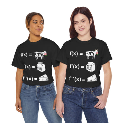 Female group models wearing pink and black calculus derivative cow pun t-shirts, showing style and fit for teachers, students, and nerd fashion fans.