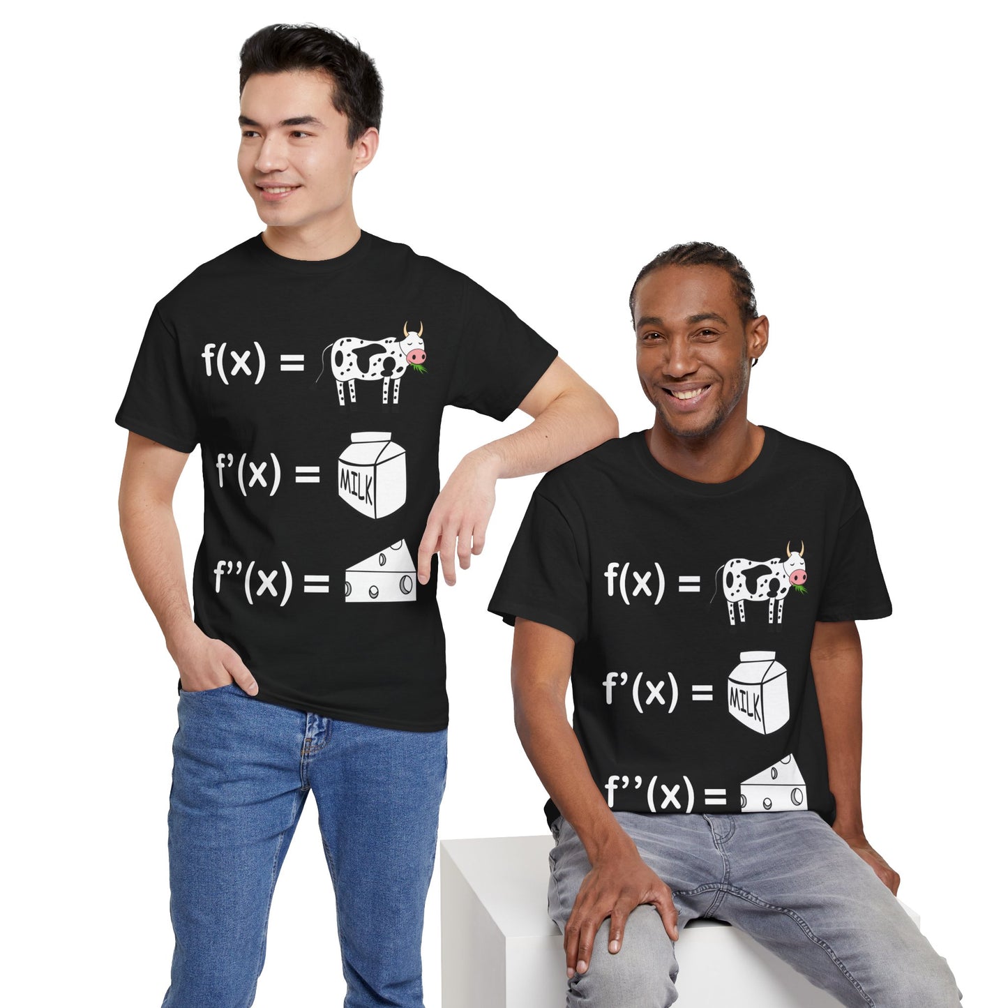 Men models dressed in black calculus cow-milk-cheese t-shirts, demonstrating unisex fit and humorous nerd teacher swag.