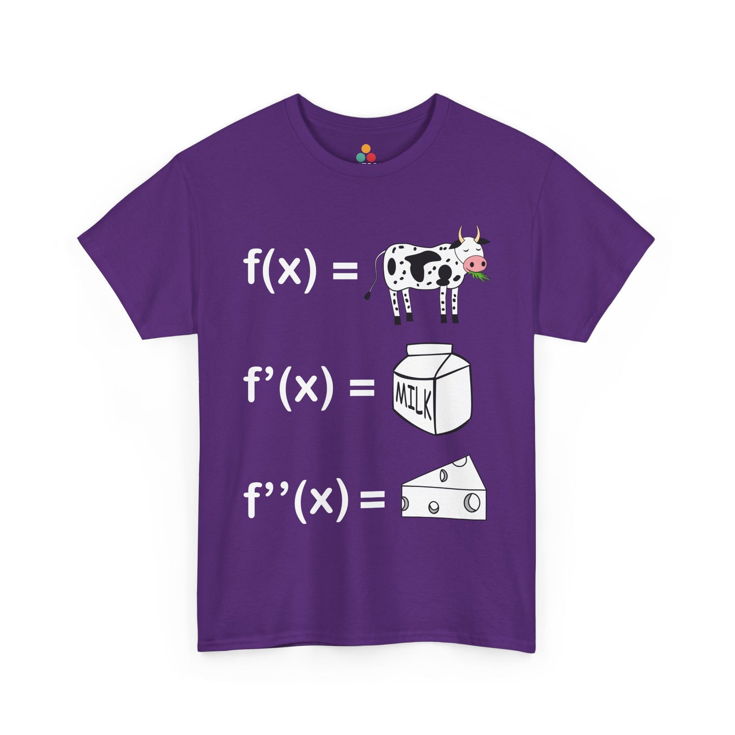 Purple math teacher t-shirt with f(x) cow, f’(x) milk, f’’(x) cheese—clever, nerdy graphic for calculus classroom laughter.
