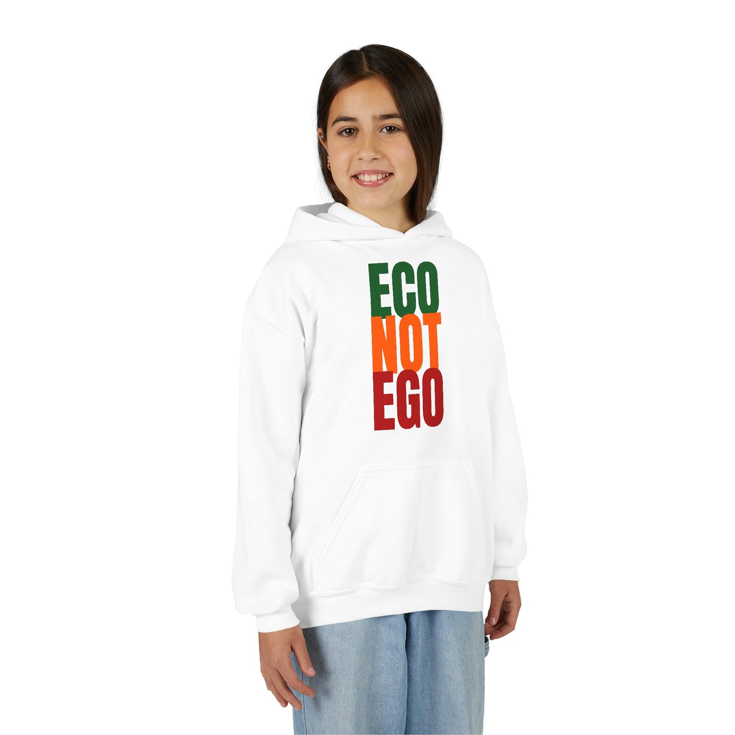 Girl wearing a white “ECO NOT EGO” hoodie, showing relaxed fit and eco-conscious message for school or weekend wear.