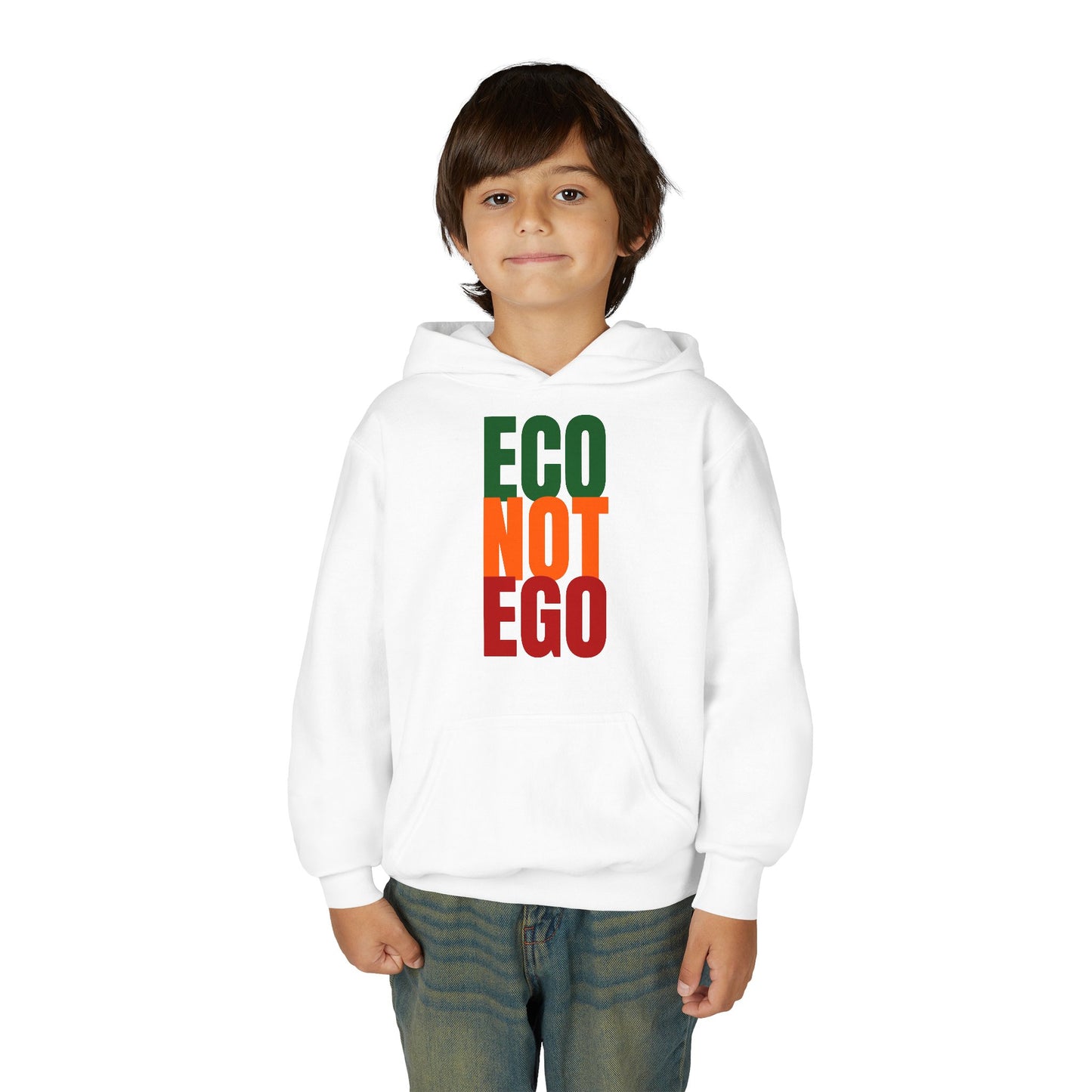Child wearing a white “ECO NOT EGO” hoodie, showing relaxed fit and eco-conscious message for school or weekend wear.