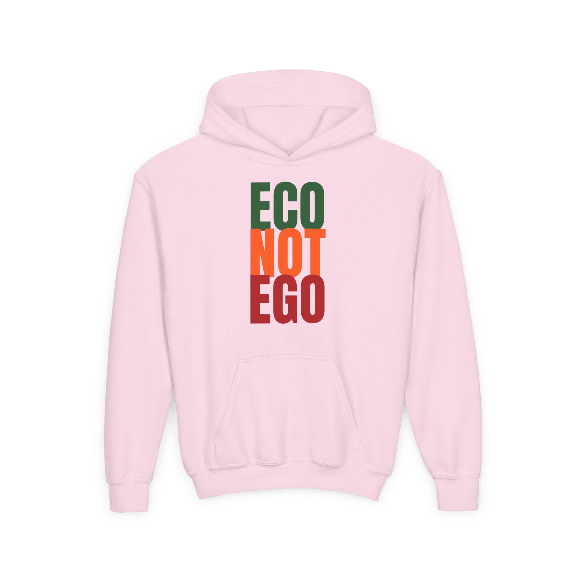 Pink kids hoodie with colorful “ECO NOT EGO” design, perfect for young environmentalists and Earth Day outfits.