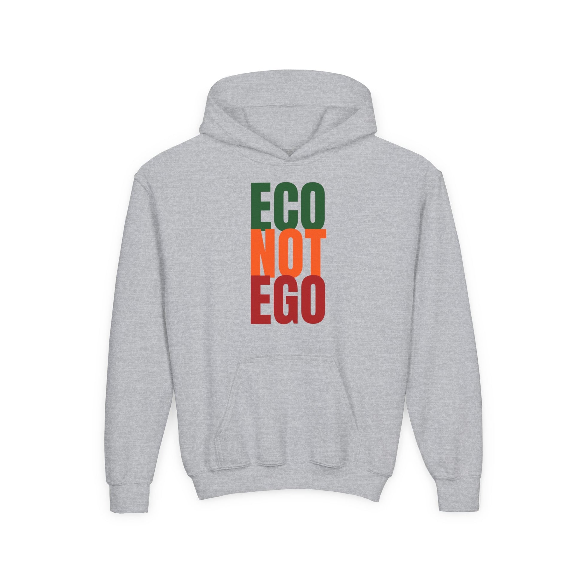  Grey eco message hoodie for kids with vertical “ECO NOT EGO” print, cozy everyday sweatshirt for school and outdoor play.