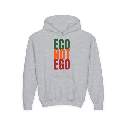  Grey eco message hoodie for kids with vertical “ECO NOT EGO” print, cozy everyday sweatshirt for school and outdoor play.