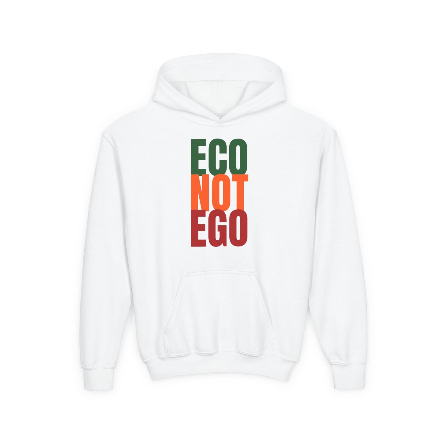 White kids hoodie with bold vertical “ECO NOT EGO” text in green and orange, promoting eco-friendly values and mindful living for conscious kids.