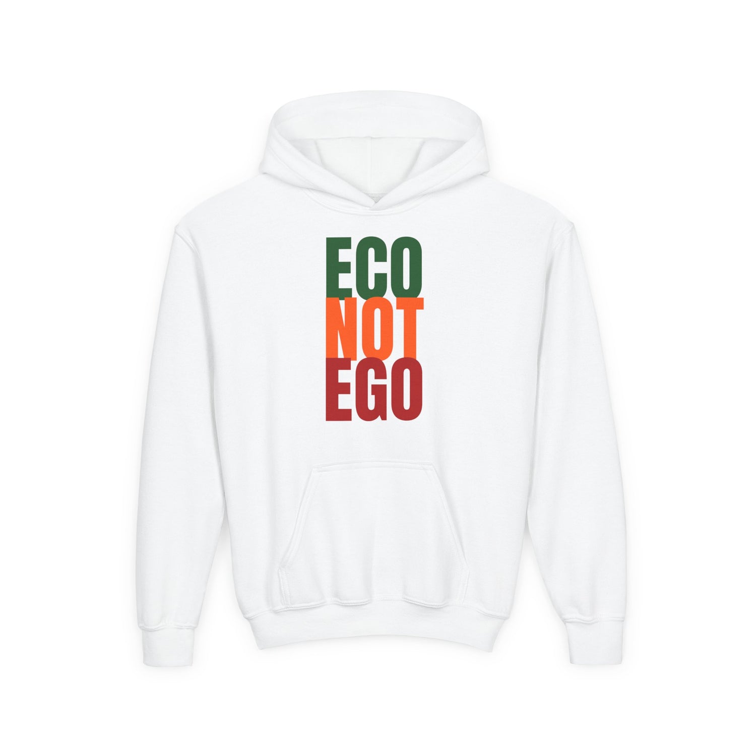 White kids hoodie with bold vertical “ECO NOT EGO” text in green and orange, promoting eco-friendly values and mindful living for conscious kids.