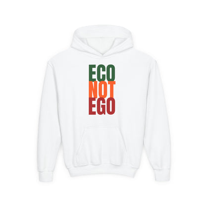 White kids hoodie with bold vertical “ECO NOT EGO” text in green and orange, promoting eco-friendly values and mindful living for conscious kids.