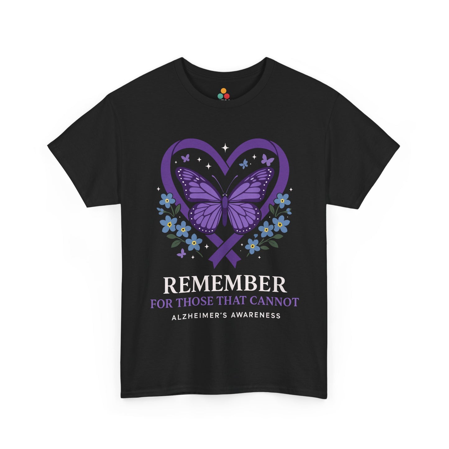 Black t-shirt with purple butterfly heart and flower graphic, “REMEMBER” slogan, and “Alzheimer’s Awareness” text—memory tribute shirt for awareness campaigns and caregivers.