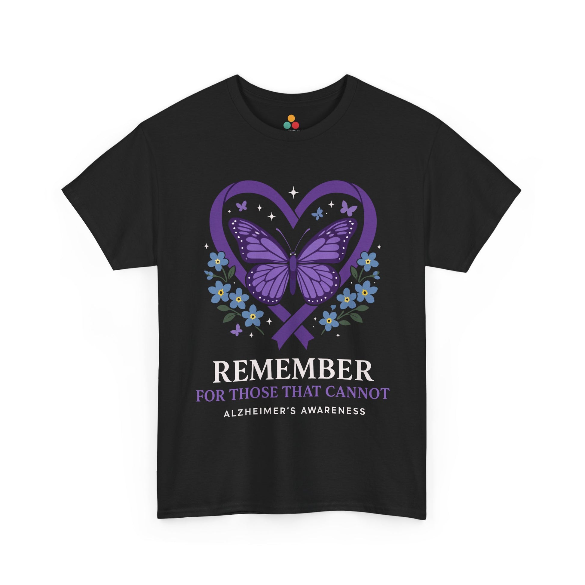 Black t-shirt with purple butterfly heart and flower graphic, “REMEMBER” slogan, and “Alzheimer’s Awareness” text—memory tribute shirt for awareness campaigns and caregivers.