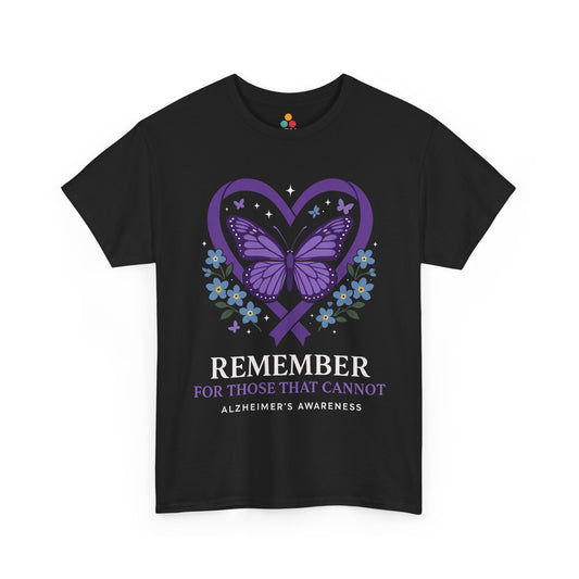 Black t-shirt with purple butterfly heart and flower graphic, “REMEMBER” slogan, and “Alzheimer’s Awareness” text—memory tribute shirt for awareness campaigns and caregivers.