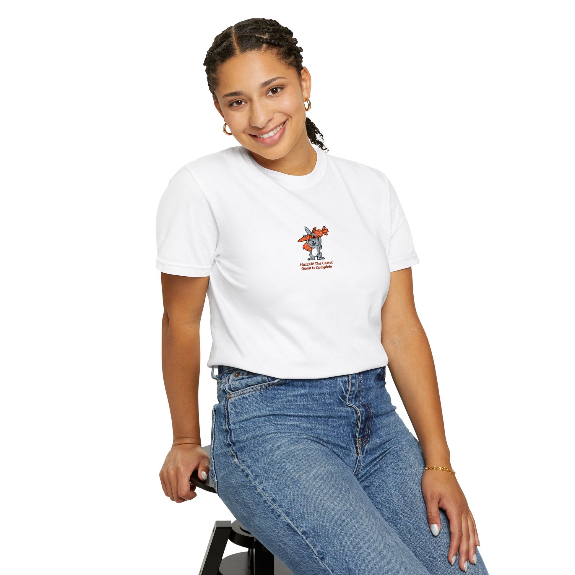 model wearing a white Comfort Colors® Huzzah! The Carrot Quest Is Complete Rabbit Embroidered T-Shirt | TEEZOCA 