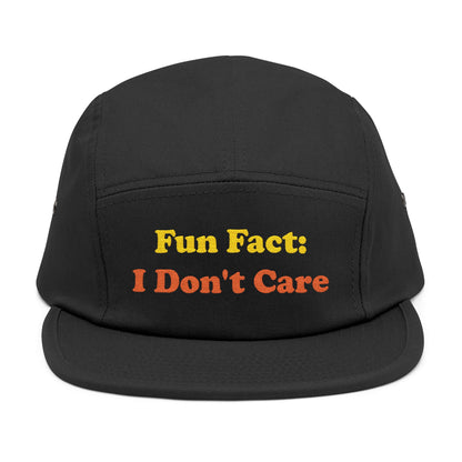 Black 5-panel cap displaying "Fun Fact: I Don't Care" in bold embroidered design, ideal for sarcastic gift hats, funny headwear, and minimalist attitude fashion.
