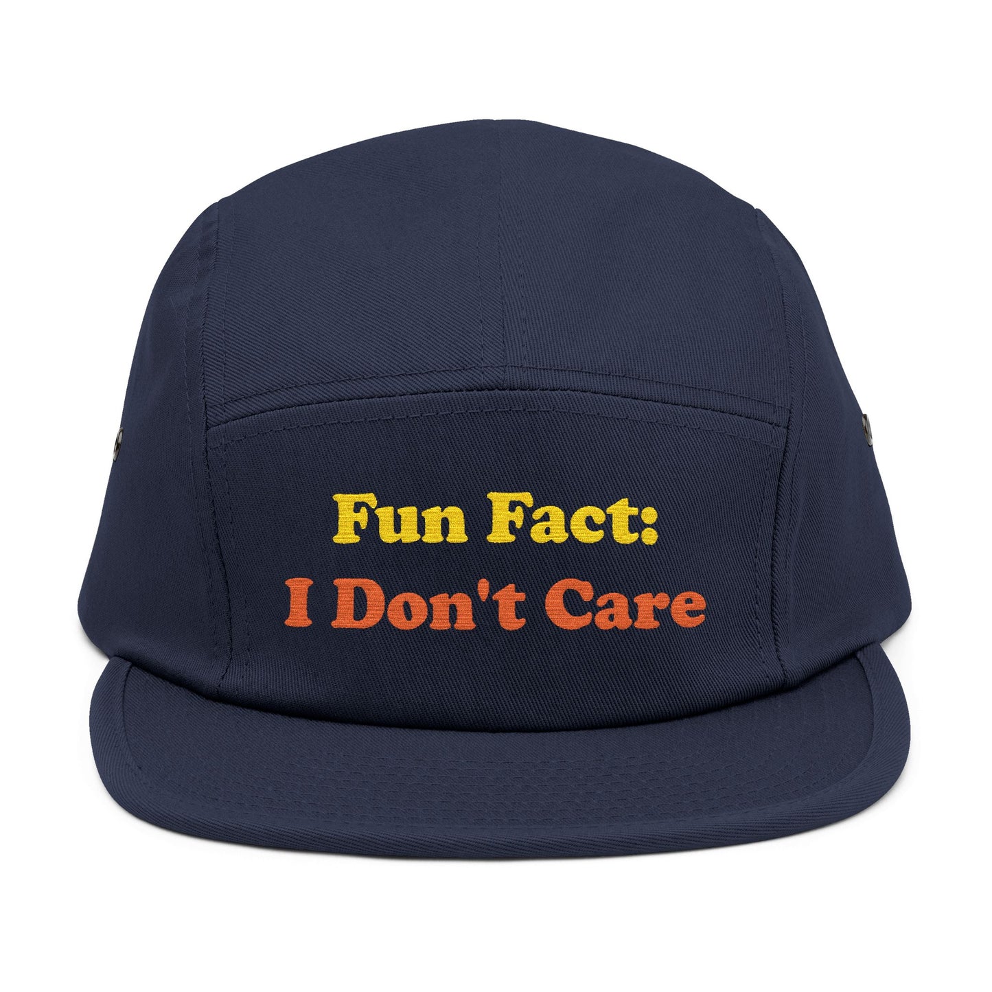 Navy blue 5-panel cap with "Fun Fact: I Don't Care" text in bold lettering—perfect for funny quote hats, casual streetwear, and attitude-themed accessories.