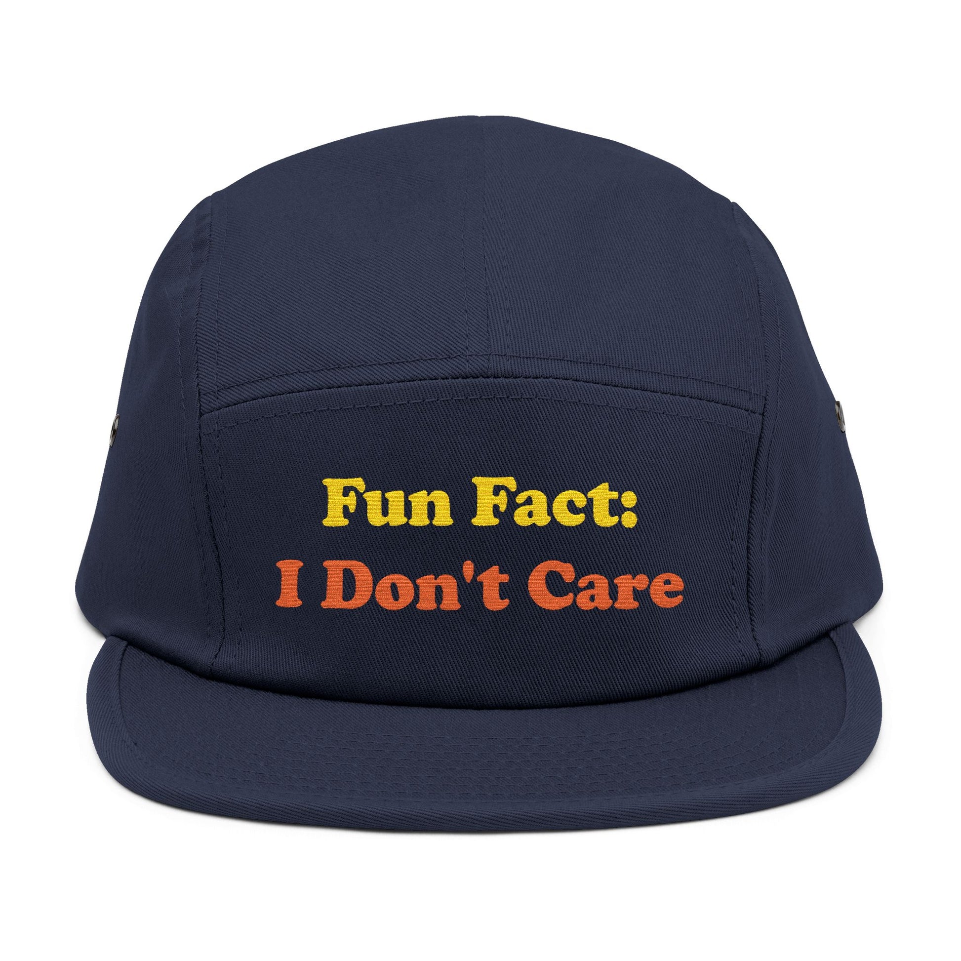Navy blue 5-panel cap with "Fun Fact: I Don't Care" text in bold lettering—perfect for funny quote hats, casual streetwear, and attitude-themed accessories.