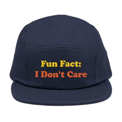 Navy blue 5-panel cap with "Fun Fact: I Don't Care" text in bold lettering—perfect for funny quote hats, casual streetwear, and attitude-themed accessories.