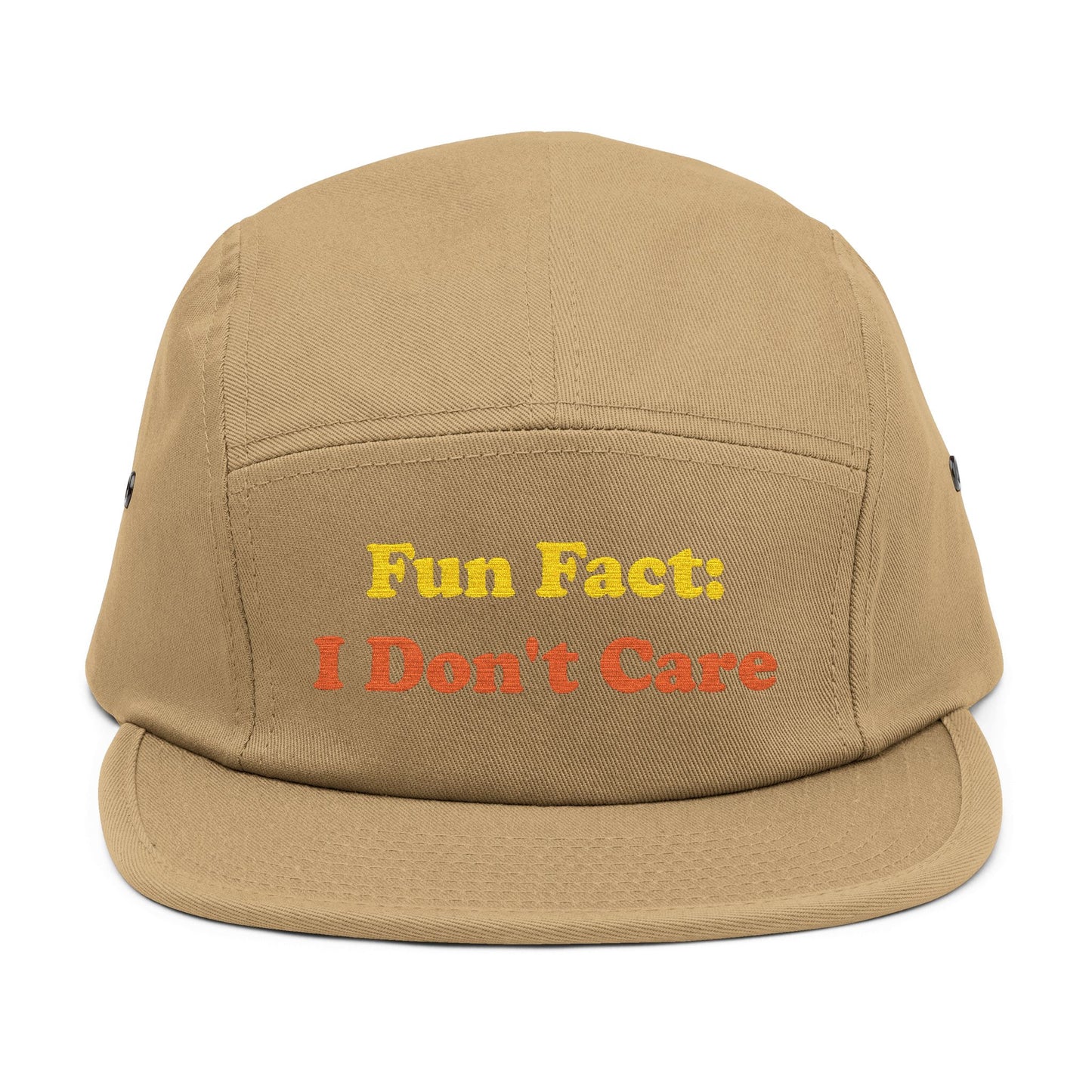 Tan khaki 5-panel cap featuring "Fun Fact: I Don't Care" design in bold text, ideal for sarcastic humor gifts, casual unisex headwear, and attitude-driven fashion accessories.