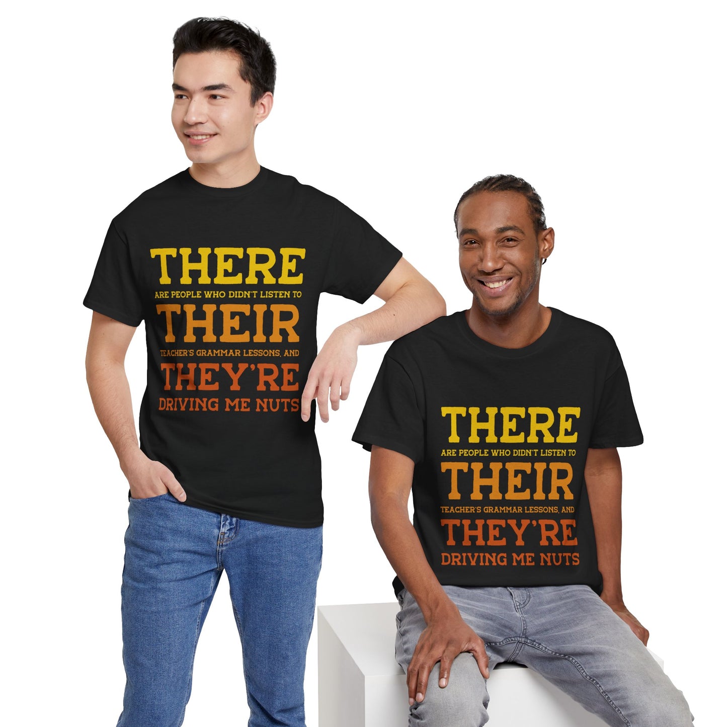 Male and female models dressed in “There Their They’re” grammar joke t-shirts, perfect for classroom wear, literacy events, and educational fun.