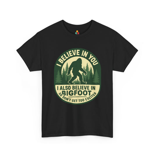  “Teezoca I Believe In You I Also Believe In Bigfoot t-shirt, black, retro cryptid forest badge, front view”

