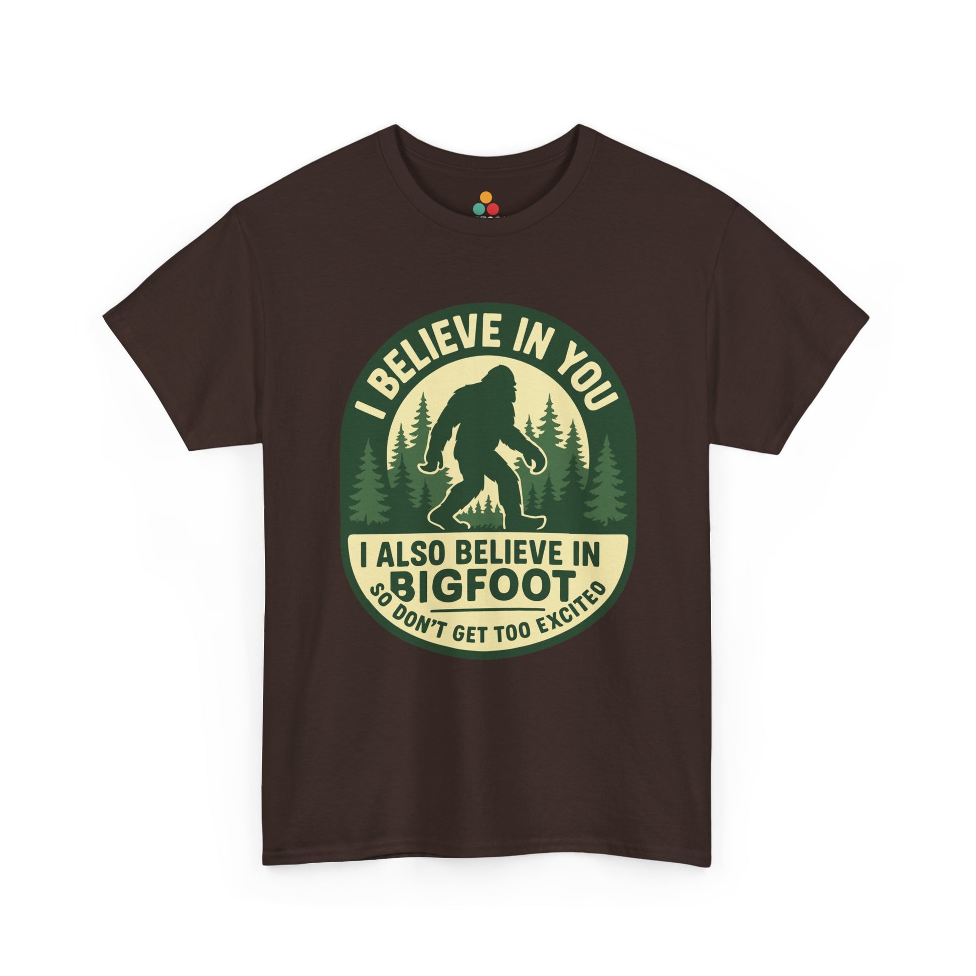  “Teezoca brown Bigfoot believer shirt, I Believe In You retro badge, sarcastic motivational, front”

