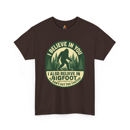  “Teezoca brown Bigfoot believer shirt, I Believe In You retro badge, sarcastic motivational, front”

