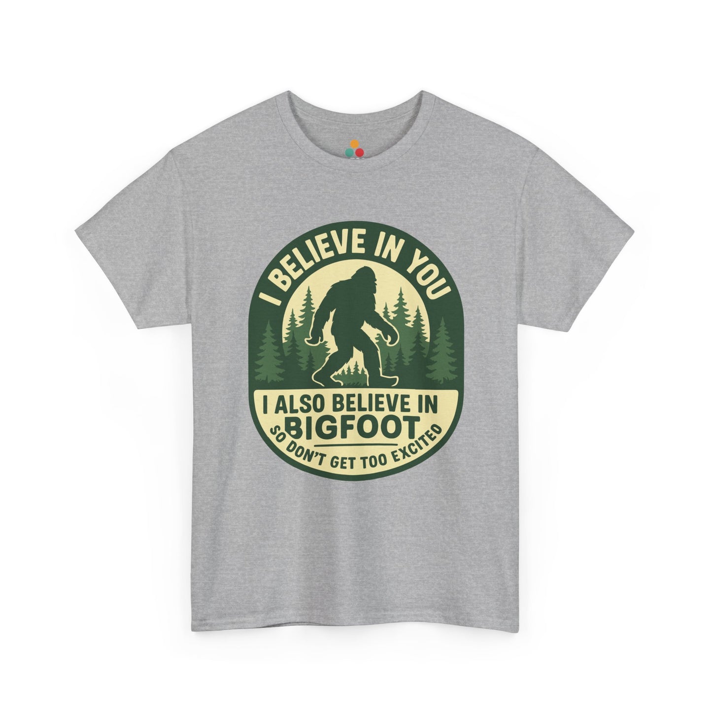 “Teezoca heather gray I Believe In You Bigfoot shirt, funny forest badge cryptid tee, front view”


