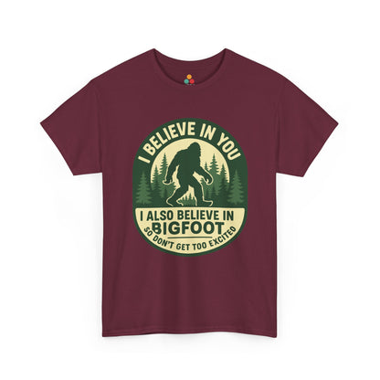 “Teezoca maroon I Believe In You I Also Believe In Bigfoot shirt, Sasquatch retro outdoors graphic, front”

