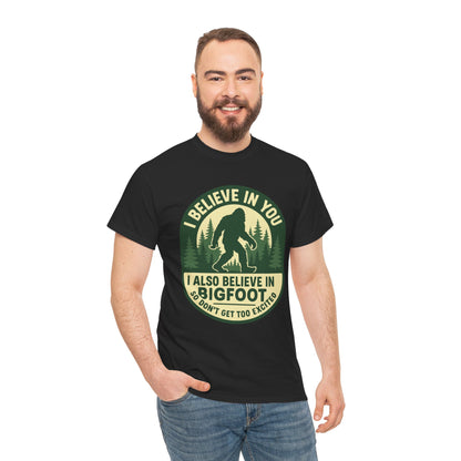  “Teezoca model wearing I Believe In You I Also Believe In Bigfoot t-shirt, unisex retro cryptid graphic, front view”

